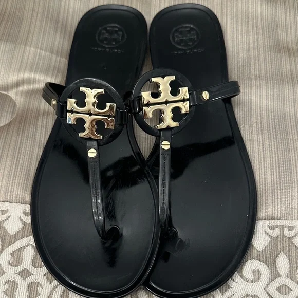 Tory Burch Black Sandals with Gold Emblem - Picture 4 of 5